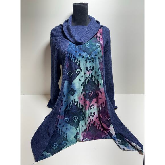 Cal Style Blue Purple Mix Media Print Cowl Neck Tunic Sweater Sz Large Boho - Picture 1 of 8